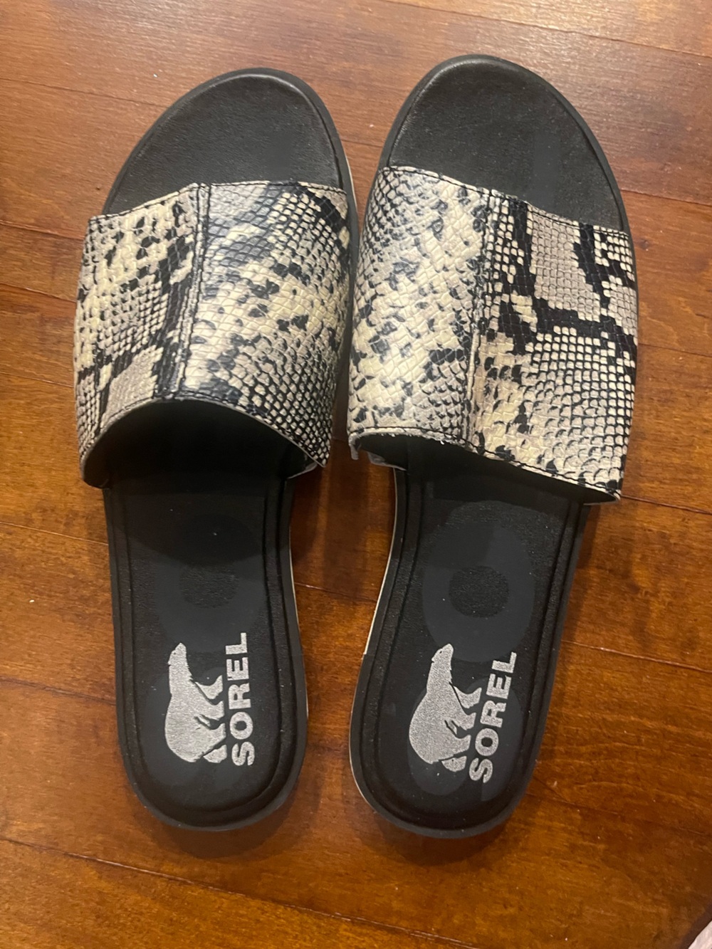 Sorel Snake-Print Slide Sandals in Black & Cream